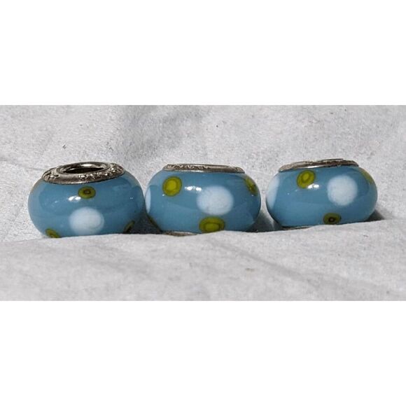 NEW SET OF 3 PANDORA MURANO BEAD - LIGHT BLUE W/ WHITE & GREEN POLKA DOTS - TOO - Picture 2 of 2